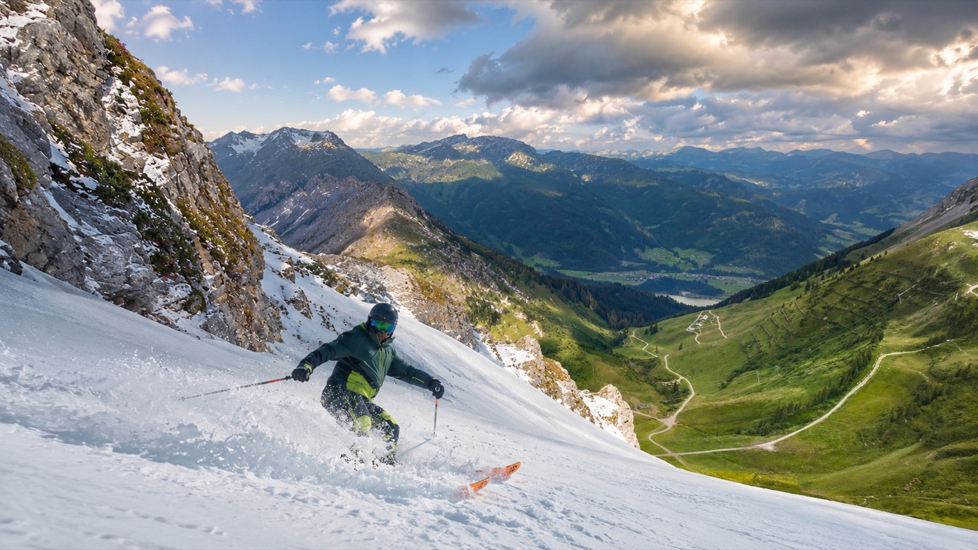 Skifahrer auf einem Schneehang hoch über dem sommerlich grünen Kleinwalsertal – Sommer und Winter in einem Bild